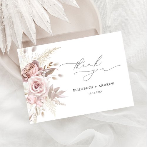 Elegant Blush Pink Dusty Rose Floral Wedding Thank You Card