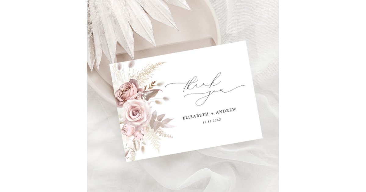 Elegant Blush Pink Dusty Rose Floral Wedding Thank You Card | Zazzle