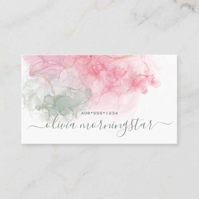 Elegant Blush Pink Dusty Sage Alcohol Ink Business Card (Front)