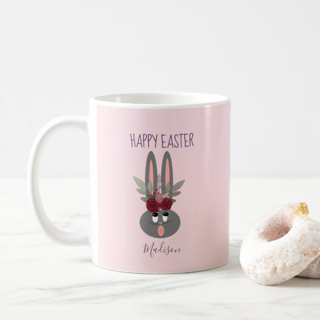 Elegant Blush Pink Easter Bunny Personalized Coffee Mug (With Donut)