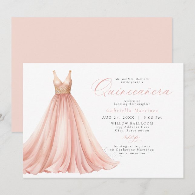 Elegant Blush Pink Ethereal Dress Quinceanera Invitation (Front/Back)
