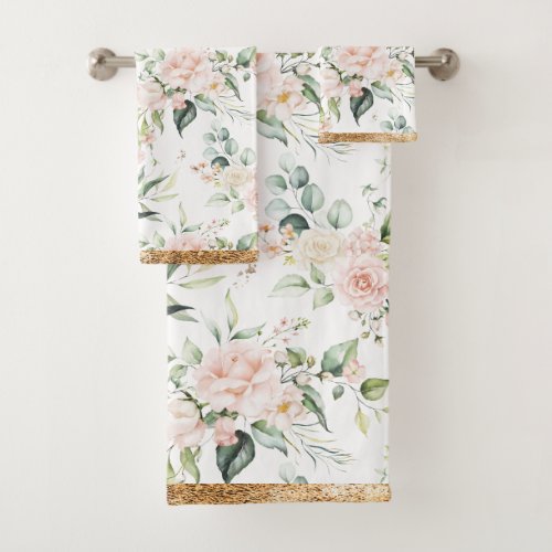 Elegant Blush Pink Eucalyptus Gold Trim Bath Towel Set