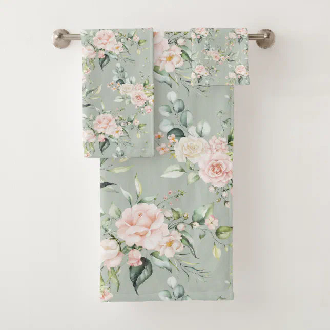 Elegant Blush Pink Eucalyptus Sage Green Bath Towel Set Zazzle