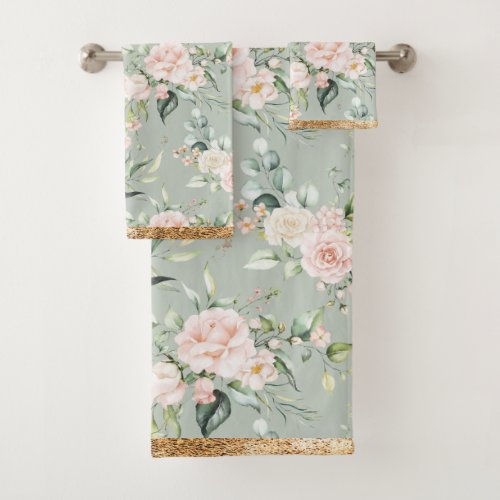 Elegant Blush Pink Eucalyptus Sage Green Gold Bath Towel Set