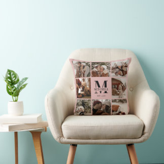 Elegant Blush Pink Family Photo Collage | Monogram Throw Pillow