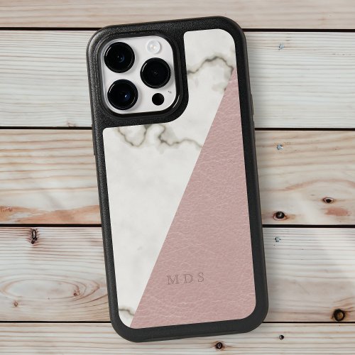 Elegant Blush Pink Faux Leather Marble Monogram OtterBox iPhone 14 Pro Max Case