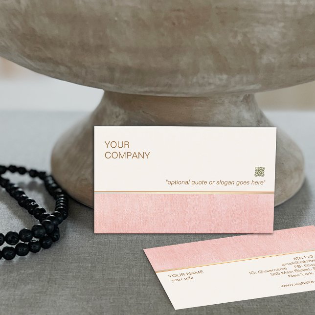 Elegant Blush Pink Faux Linen and Gold Stripe Business Card (Creator Uploaded)