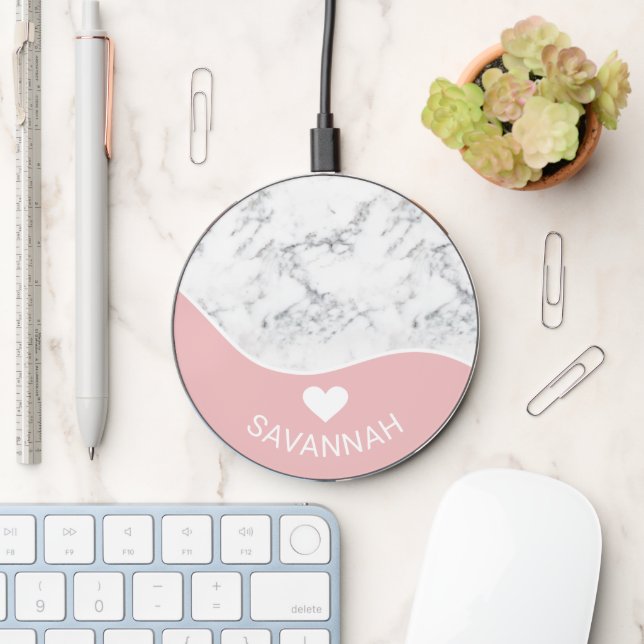 Elegant Blush Pink & Faux Marble With A Name Wireless Charger (Desk)