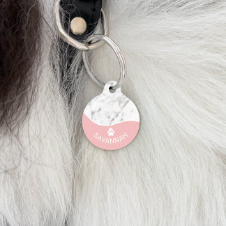 Elegant Blush Pink &amp; Faux Marble With Paw Print Pet ID Tag