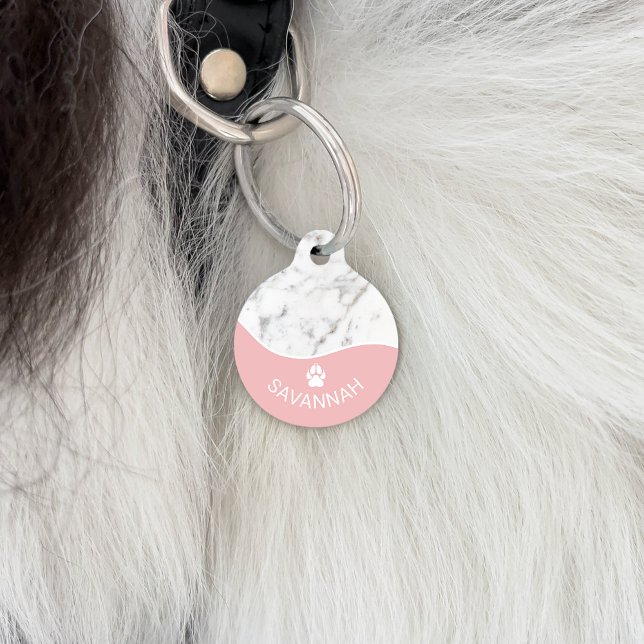 Elegant Blush Pink & Faux Marble With Paw Print Pet ID Tag (Creator Uploaded)