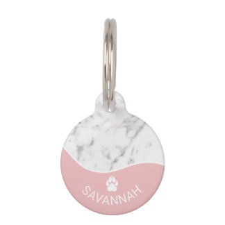 Elegant Blush Pink & Faux Marble With Paw Print Pet ID Tag