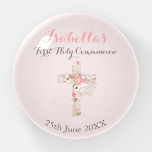 Elegant blush pink first communion floral cross p paperweight
