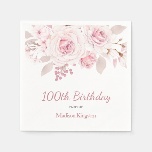 Elegant Blush Pink Floral 100th Birthday Party Napkins