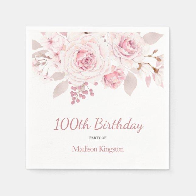 Elegant Blush Pink Floral 100th Birthday Party Napkins (Front)