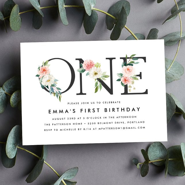 Elegant Blush Pink Floral 1st Birthday Party Invitation (Creator Uploaded)