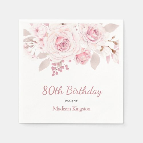 Elegant Blush Pink Floral 80th Birthday Party Napkins