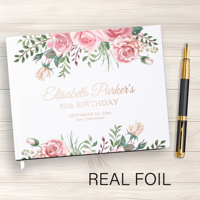 Elegant blush pink floral 90th birthday party  foil guest book  (Creator Uploaded)