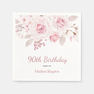 Elegant Blush Pink Floral 90th Birthday Party Napkins
