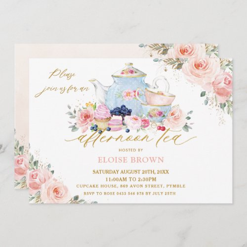 Elegant Blush Pink Floral Afternoon Tea Party Invitation