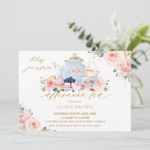 Elegant Blush Pink Floral Afternoon Tea Party Invitation | Zazzle