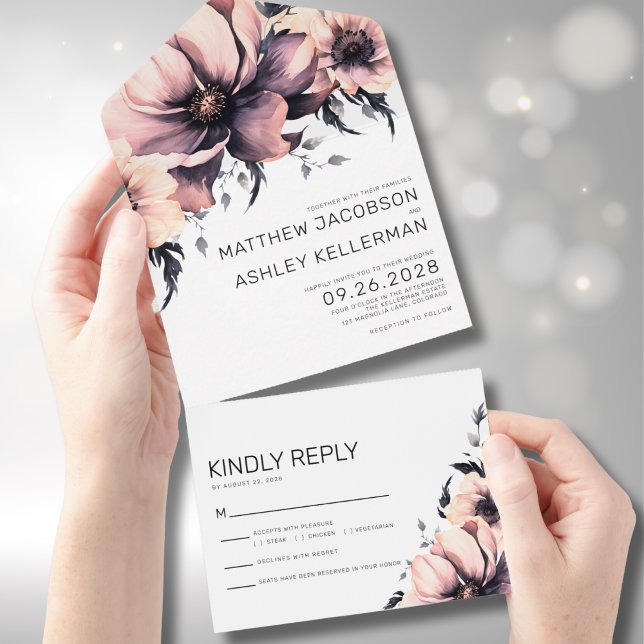 Elegant Blush Pink Floral  All In One Invitation (Simple Modern Boho Floral Pink Wedding All in One Invitation)