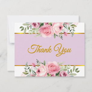 Elegant Blush Pink Floral and Gold Trim Thank Note Card