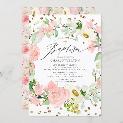 Elegant Blush Pink Floral Baptism Invitation