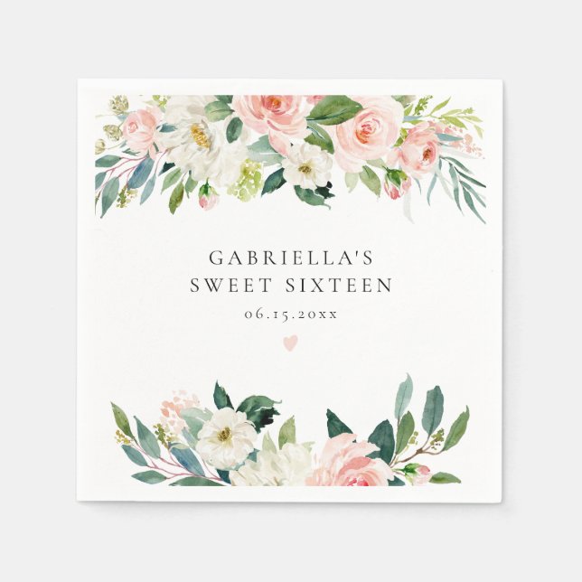 Elegant Blush Pink Floral Birthday Party Napkins (Front)