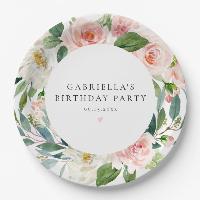 Elegant Blush Pink Floral Birthday Party Paper Plates (Front)