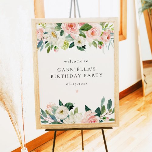 Elegant Blush Pink Floral Birthday Party Welcome Poster