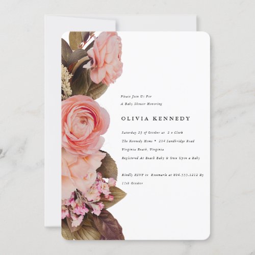  Elegant Blush Pink Floral Blooms Baby Shower  Invitation