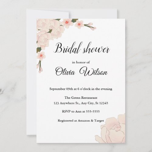 Elegant Blush Pink Floral Blossom Bridal Shower Invitation