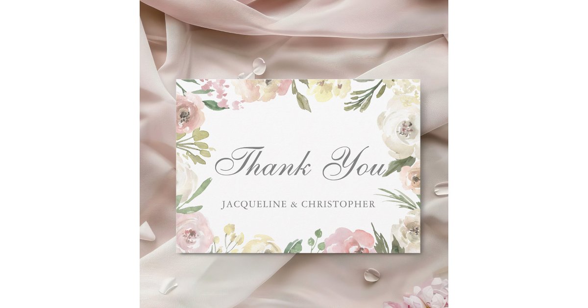 Elegant Blush Pink Floral Border Spring Wedding Thank You Card | Zazzle