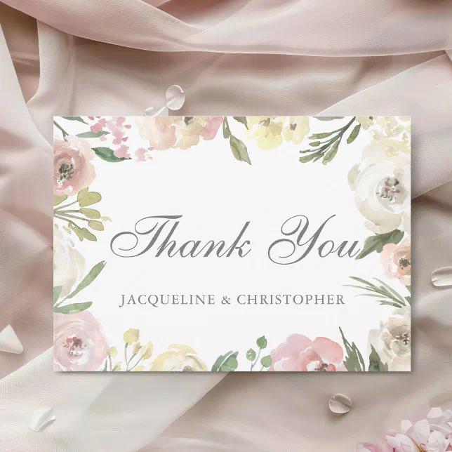 Elegant Blush Pink Floral Border Spring Wedding Thank You Card | Zazzle
