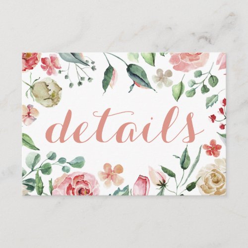 Elegant Blush Pink Floral Botanical Wedding Detail Enclosure Card