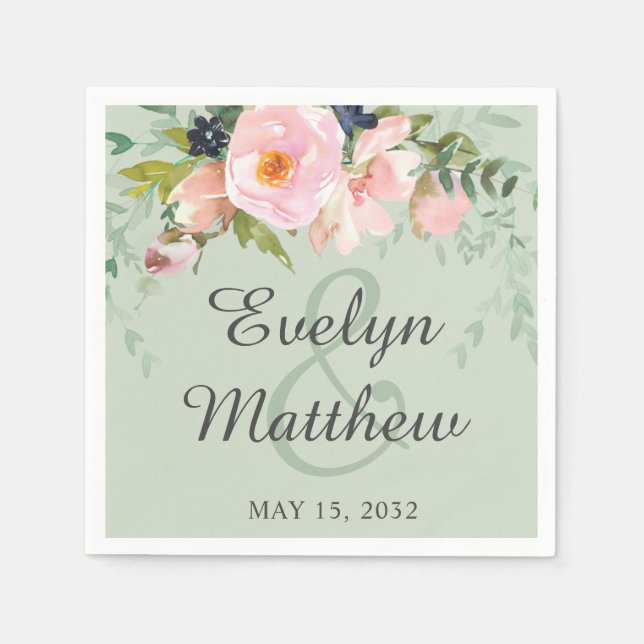 Elegant Blush Pink Floral Bouquet on Sage Green Napkins (Front)