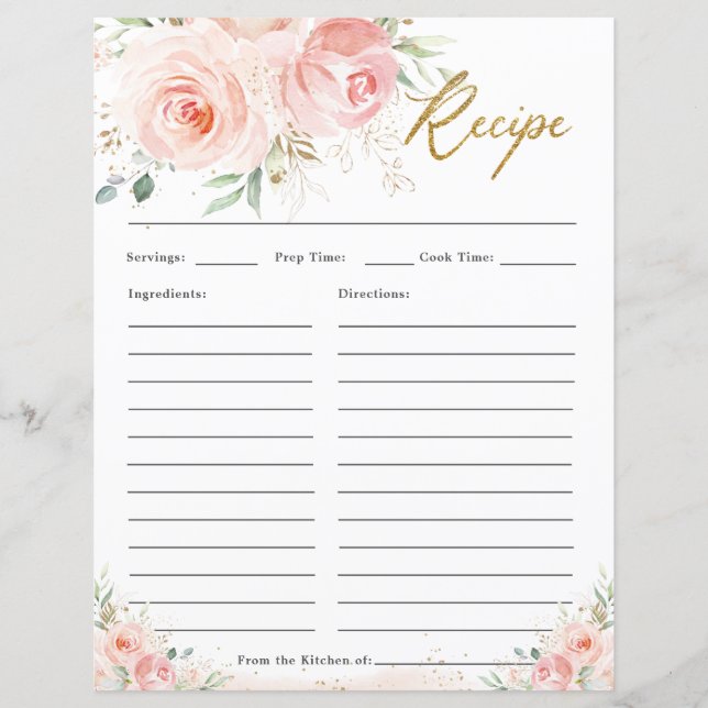 Elegant Blush Pink Floral Bridal Bring Recipe (Front)