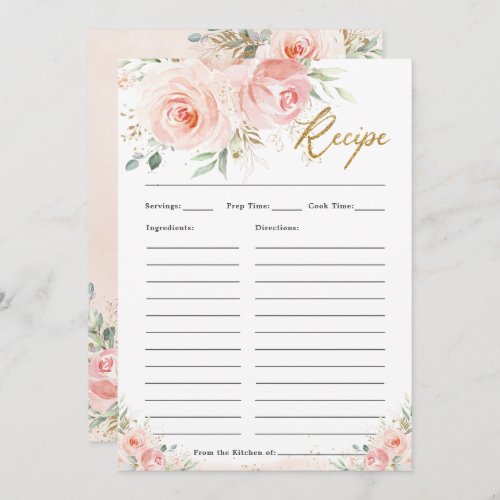 Elegant Blush Pink Floral Bridal Bring Recipe Card
