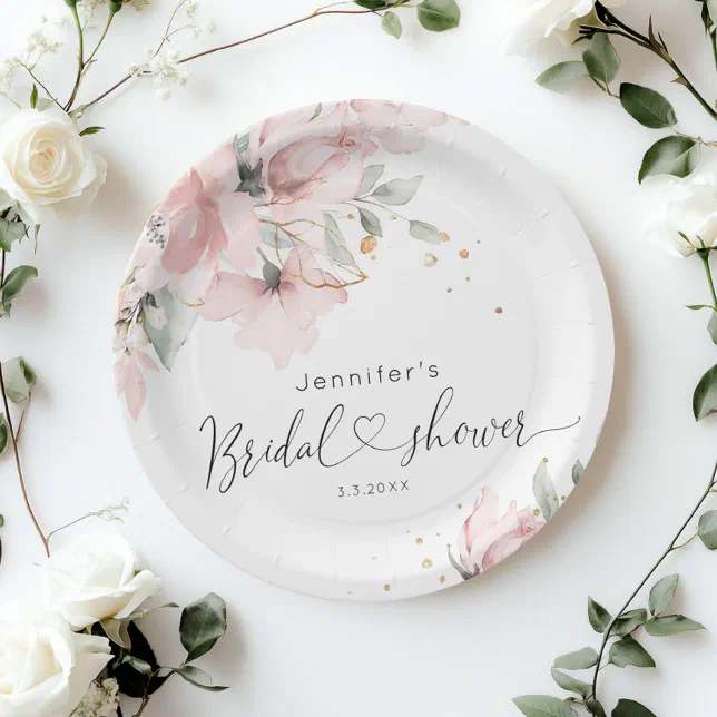 Elegant Blush pink floral bridal shower Paper Plates | Zazzle