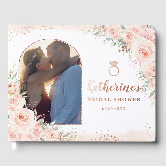 Elegant Blush Pink Floral Bridal Shower Photo Foil Guest Book (Front)