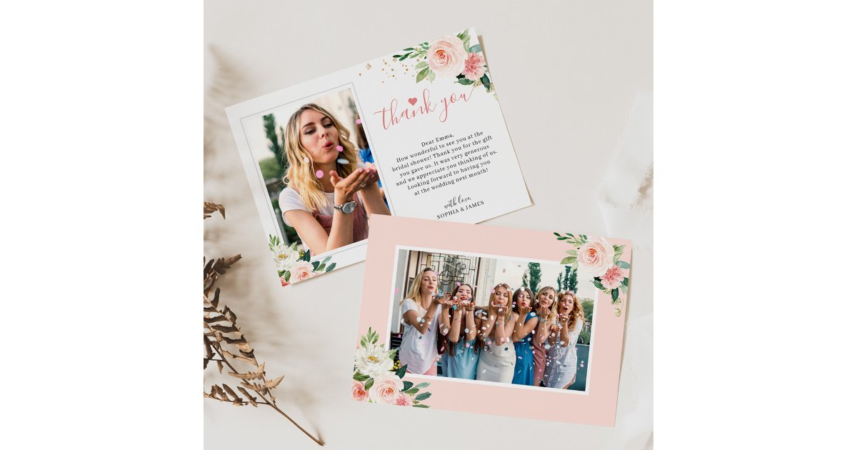 Elegant Blush Pink Floral Bridal Shower Photo Thank You Card | Zazzle