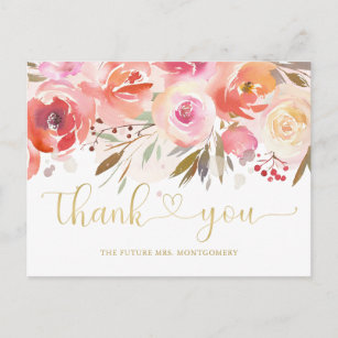 Elegant Blush Pink Floral Bridal Shower Thank You Postcard