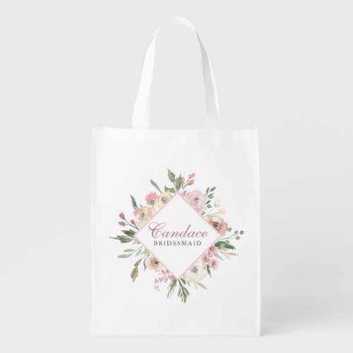 Elegant Blush Pink Floral Bridesmaid Personalized Grocery Bag