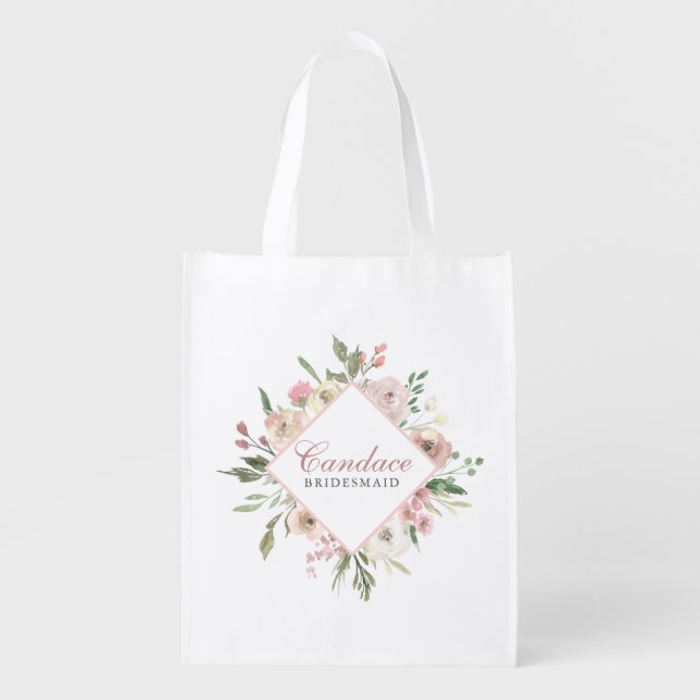 Elegant Blush Pink Floral Bridesmaid Personalized Grocery Bag (Front)