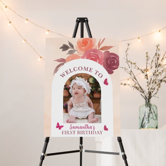 Elegant Blush Pink Floral Butterfly 1st Birthday  Foam Board (In Situ (Stand))