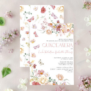 Elegant Blush Pink Floral Butterfly Quinceanera Invitation