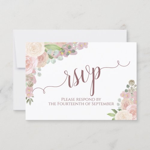 Elegant Blush Pink Floral Calligraphy Wedding RSVP Card