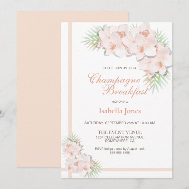 Elegant Blush Pink Floral Champagne Breakfast Invitation (Front/Back)