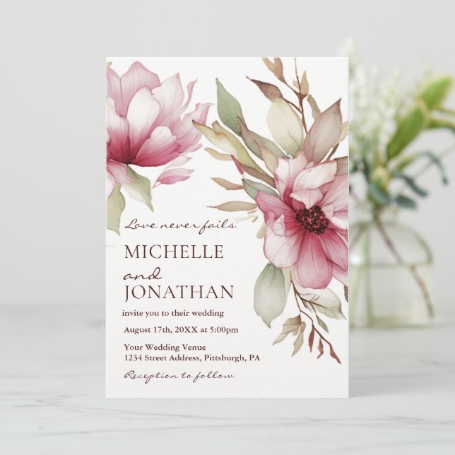 Elegant Blush Pink Floral Christian Bible Wedding Invitation (Standing Front)