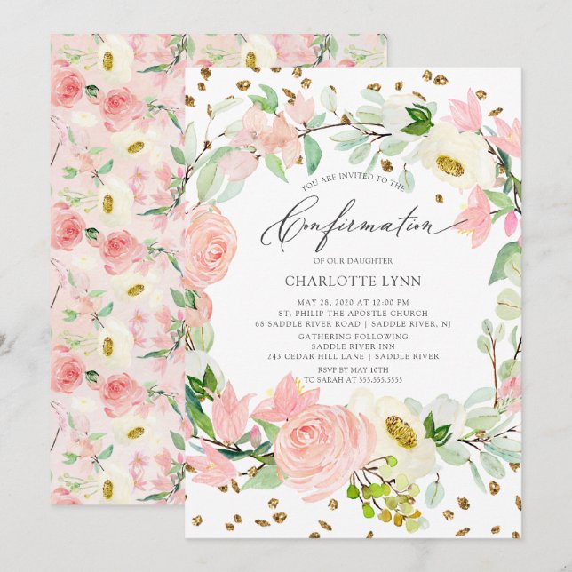 Elegant Blush Pink Floral Confirmation Invitation (Front/Back)